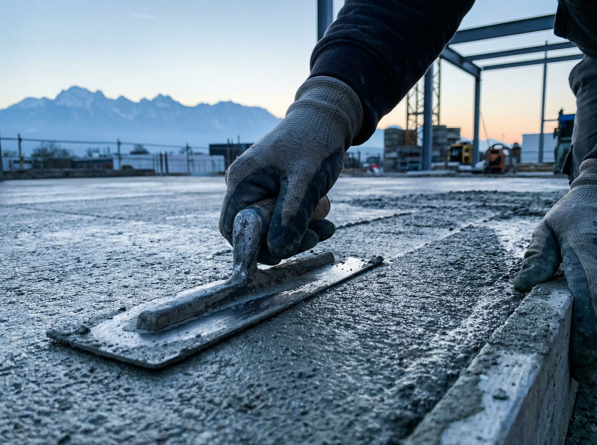 Concrete finishing tools and gloved hands on a Park City job site, with the Wasatch Back mountains in the background