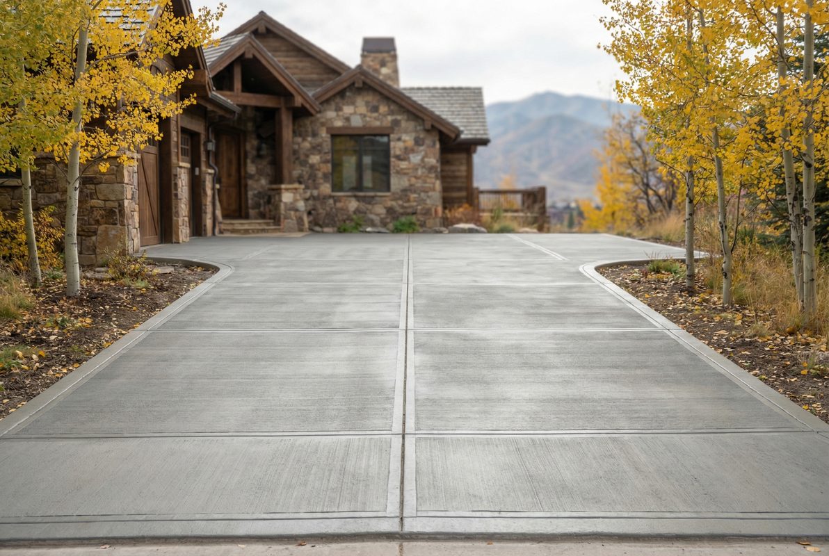 Freshly finished concrete driveway in front of a Park City mountain-modern custom home