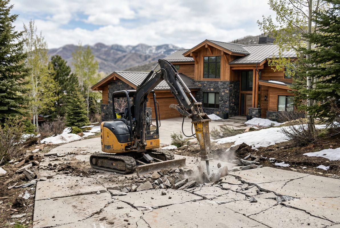 Small excavator breaking up an old driveway on a Park City residential lot